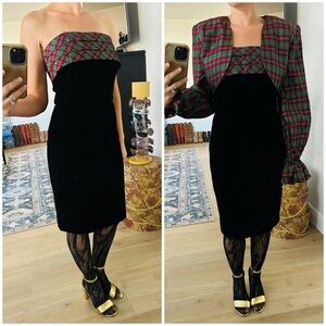 Vintage 80’s/90’s Velvet Strapless Dress & Plaid Jacket Set